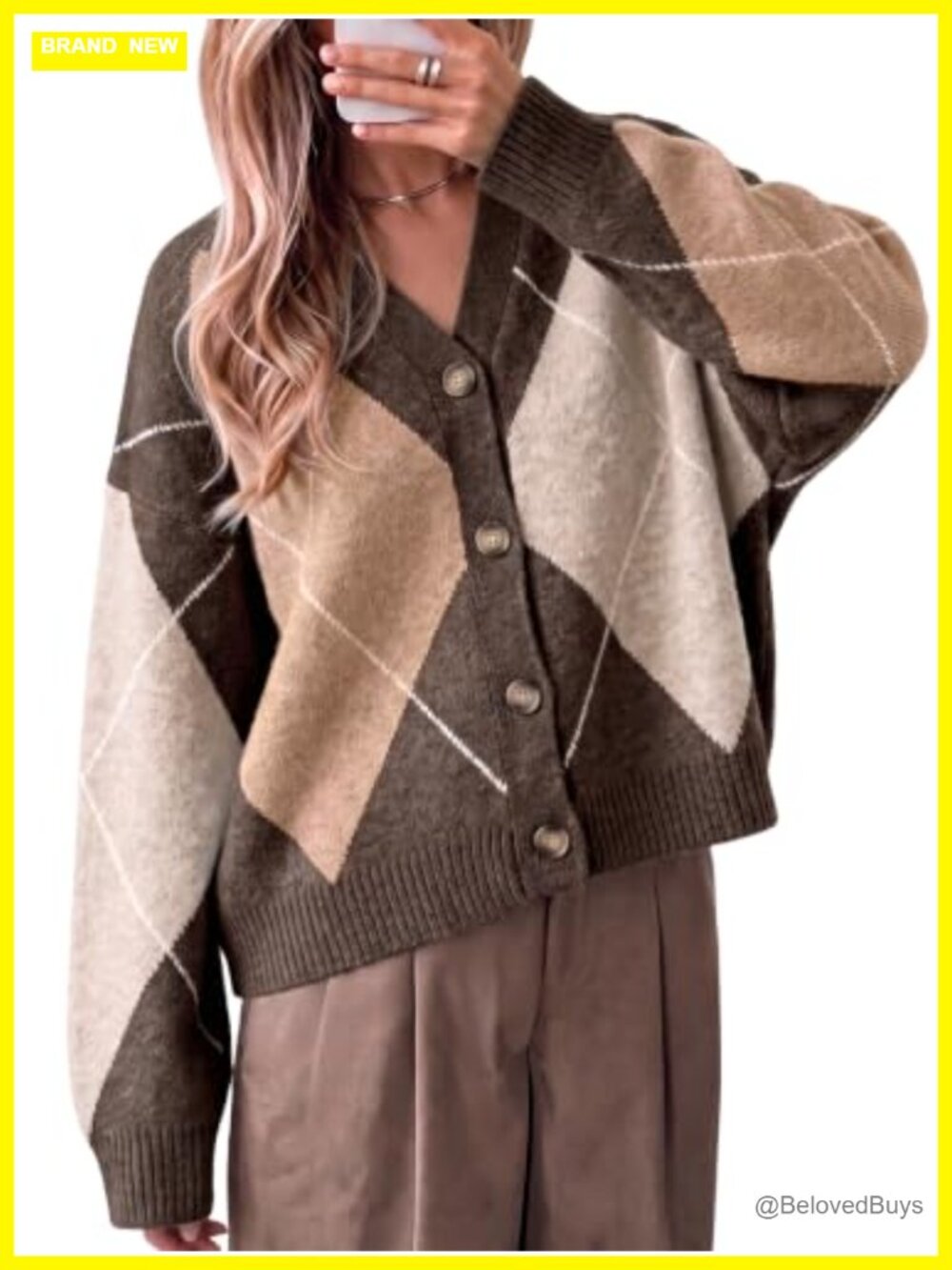 Women's Plaid Color Block Cardigan V Neck Long Sleeve Knit Sweater